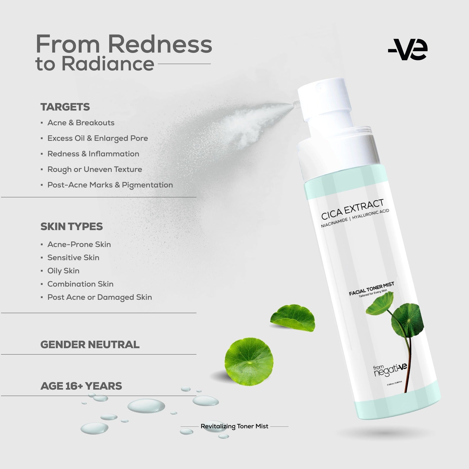 Before and after showing reduced redness and glow CICA Niacinamide Face Toner